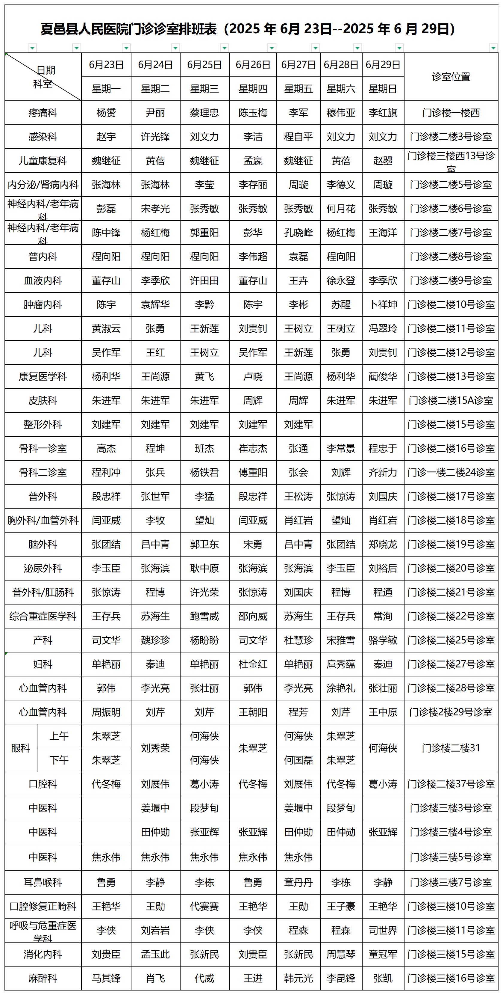 【便民就医】夏邑县人民医院门诊排班表【6月23日--6月29日）